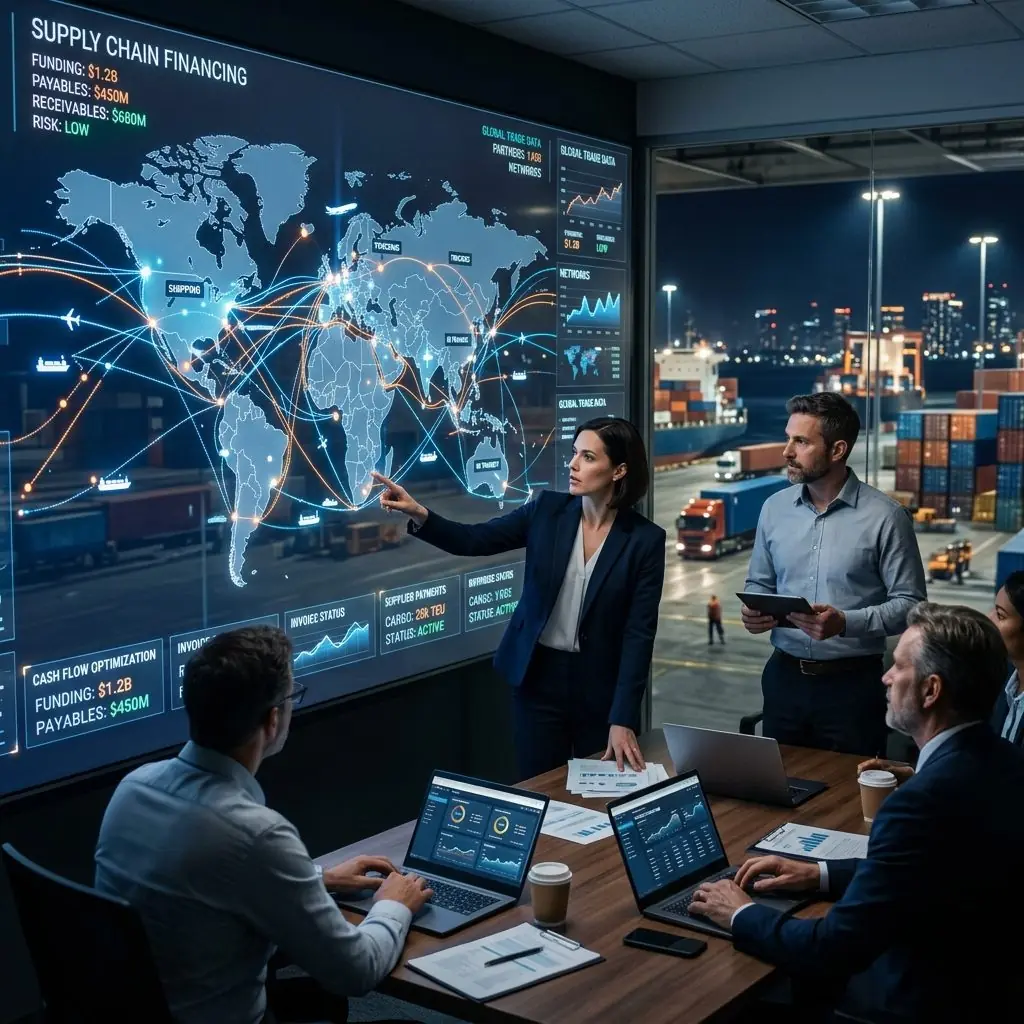 Corporate treasury team reviewing global supply-chain finance data